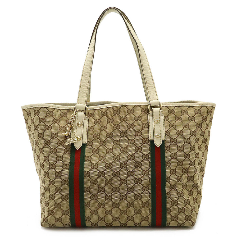 Gucci GG Canvas Sherry Tote Bag Shoulder Beige Brown Cream Charm